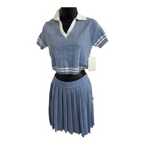 Blue white collared crop‎ polo sweater knit top & pleated skirt set size XL new